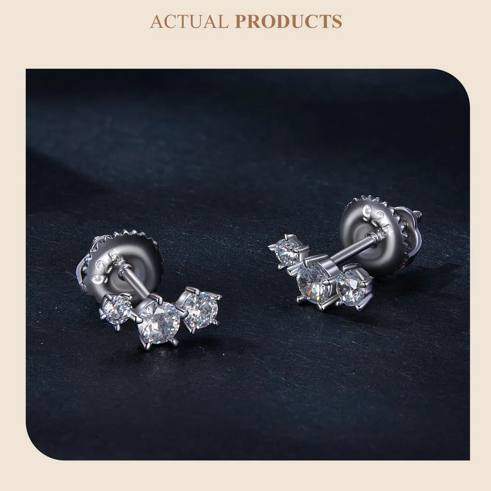 Three-Star Moissanite Screw-Back Stud Earrings - Three-star pair close-up