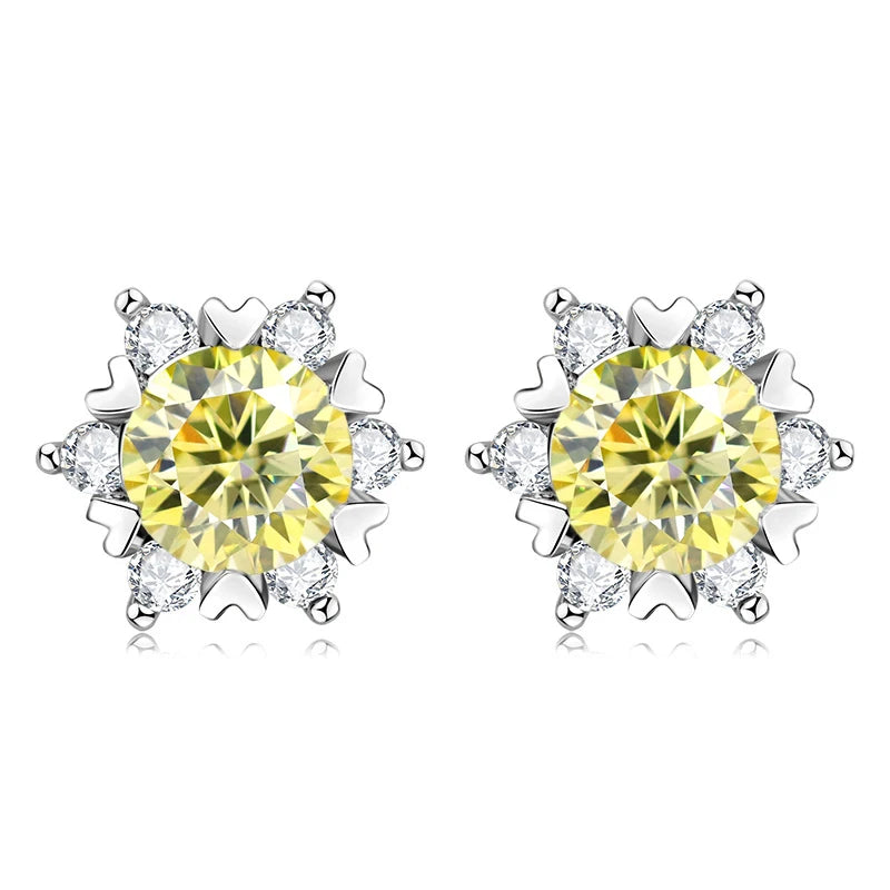 Colored Snowflake Moissanite Stud Earrings in Sterling Silver - Lemon yellow centers