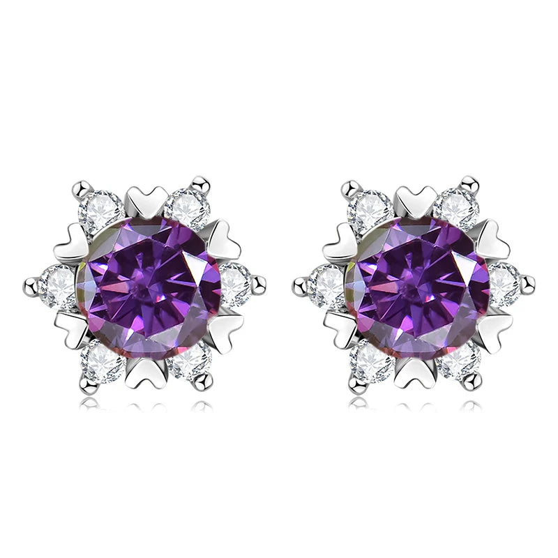 Colored Snowflake Moissanite Stud Earrings in Sterling Silver - Purplish red centers