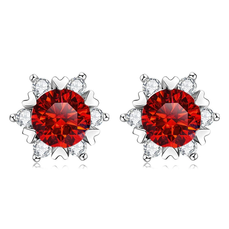 Colored Snowflake Moissanite Stud Earrings in Sterling Silver - Red centers