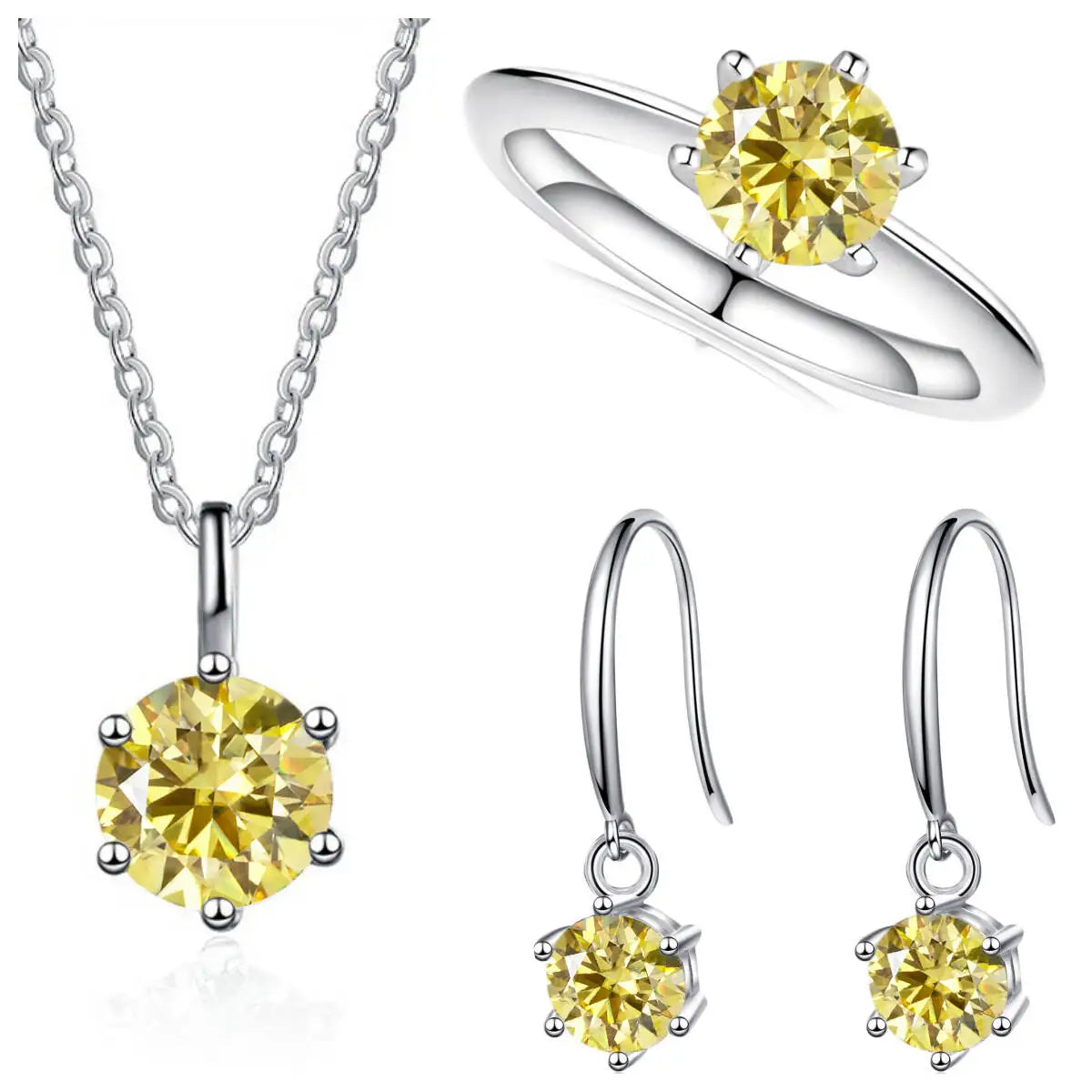 Colored Moissanite Necklace, Hook Earrings & Ring Set — Lemon yellow set