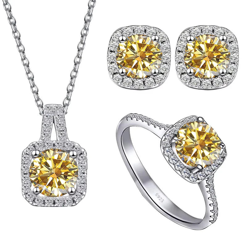 Colored Cushion Halo Moissanite Necklace, Earrings & Ring Set — Golden yellow set