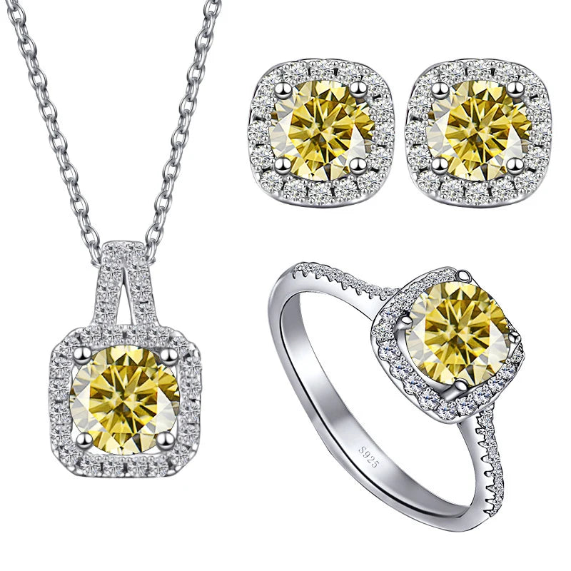 Colored Cushion Halo Moissanite Necklace, Earrings & Ring Set — Lemon yellow set
