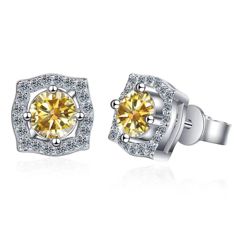 Moissanite Cushion Halo Stud Earrings in Sterling Silver — Golden Yellow — BandsCo Straps