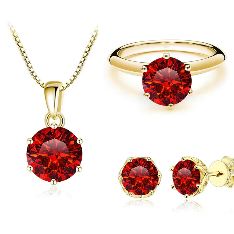 Gold-Tone Colored Moissanite Necklace, Stud Earrings & Ring Set — Red set