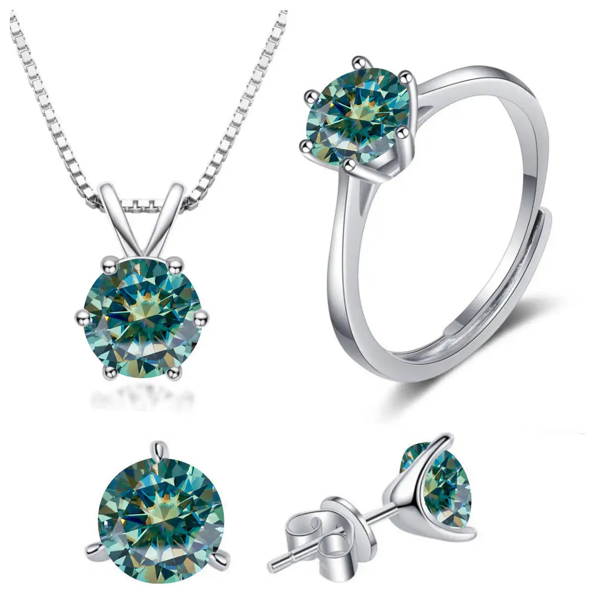 Colored Moissanite Necklace, Stud Earrings & Ring Set — Blue green set