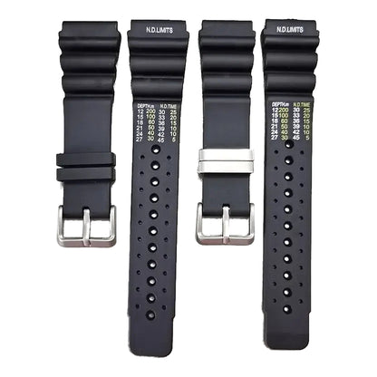 TicWatch dive-style black silicone bands with printed markings and keeper options