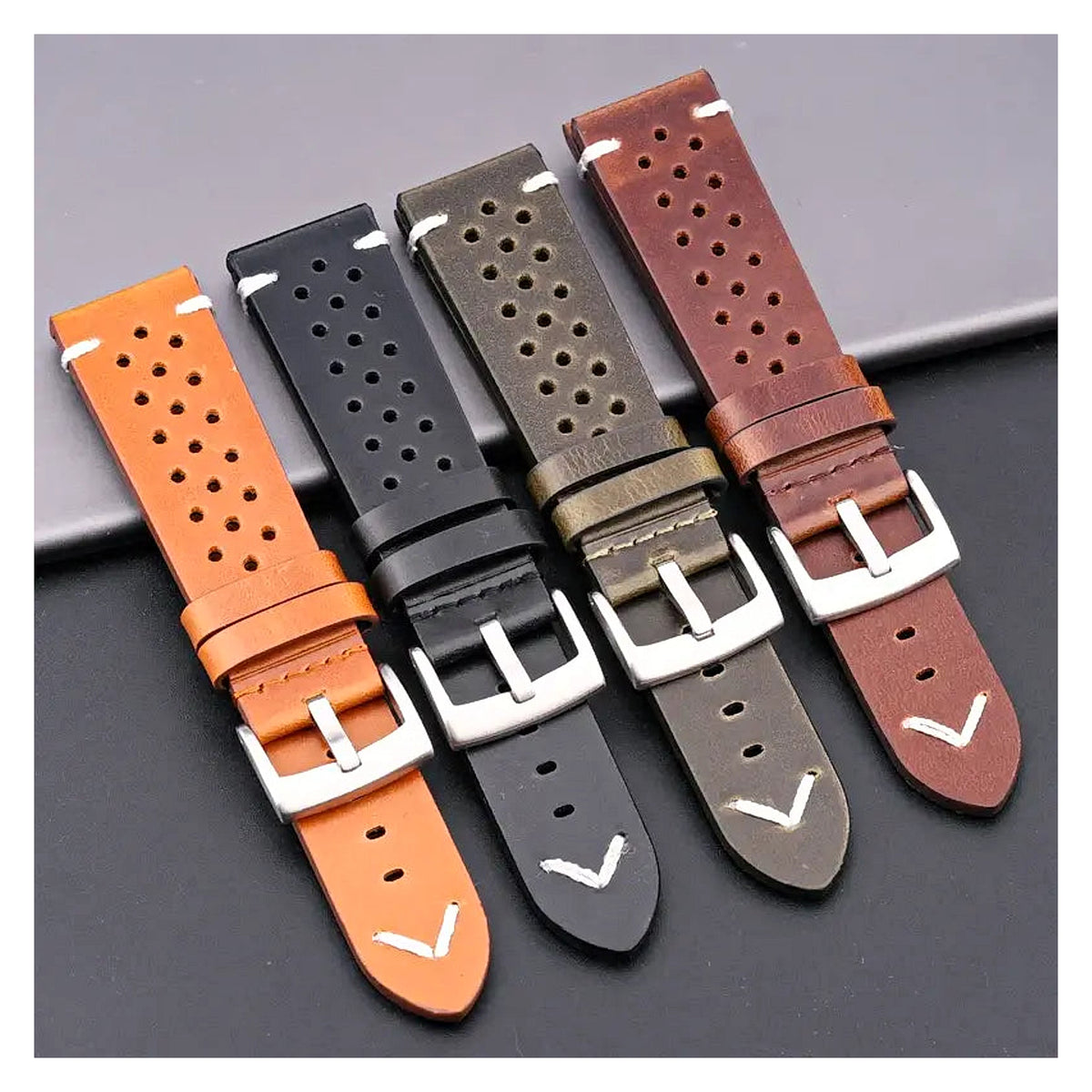 TicWatch Pro 5, Pro 3 & E3 Perforated Leather Band with V Stitch - photographed band and color options
