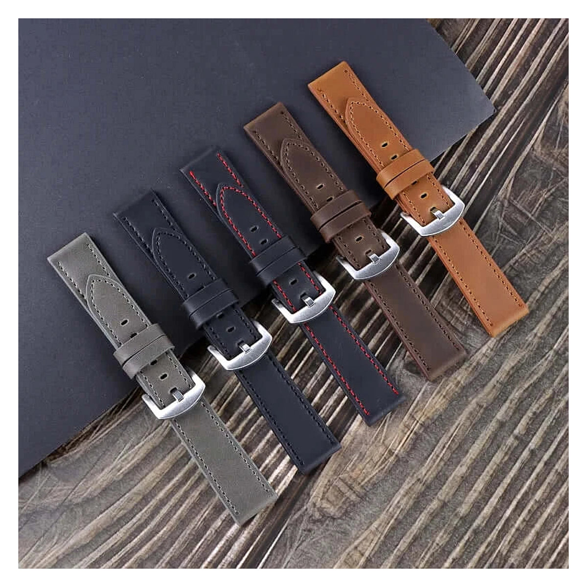 TicWatch Pro 5, Pro 3 & E3 Leather Band with Stitching Options - photographed band and color options