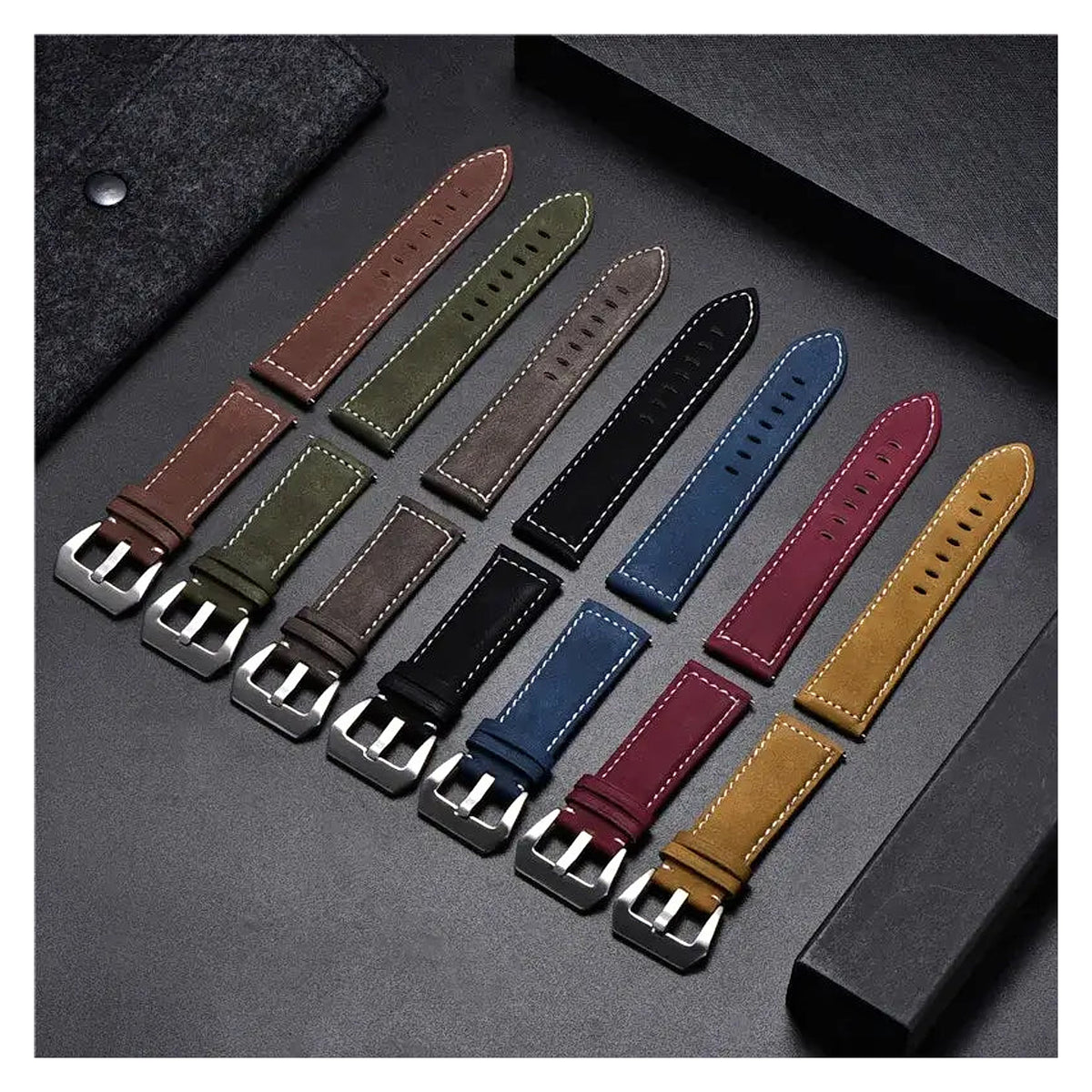 TicWatch Pro 5, Pro 3 & E3 Matte Leather Band with White Stitching - photographed band and color options