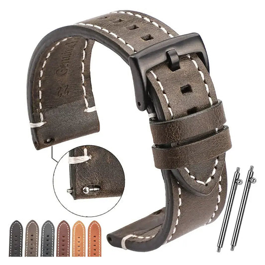 TicWatch Pro 5, Pro 3 & E3 Contrast-Stitched Leather Buckle Band - photographed band and color options