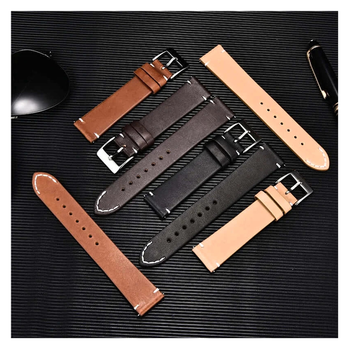 TicWatch Pro 5, Pro 3 & E3 Minimal Leather Band with Accent Stitches - photographed band and color options