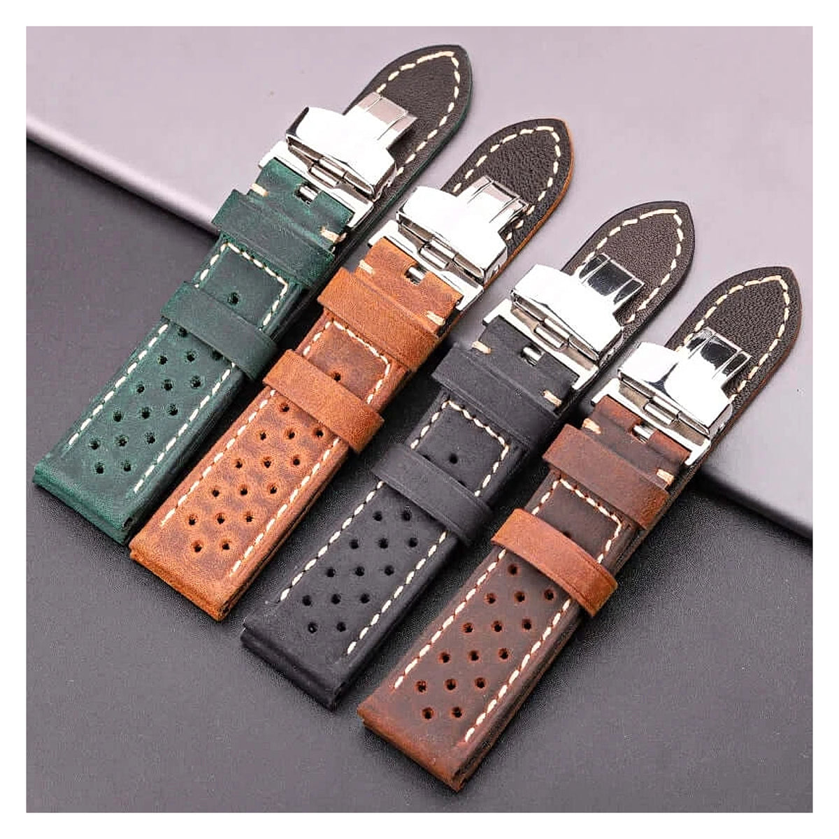 TicWatch Pro 5, Pro 3 & E3 Perforated Leather Band, Folding Clasp - photographed band and color options