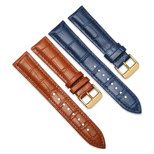 TicWatch tan brown and navy crocodile-embossed leather bands with gold buckles