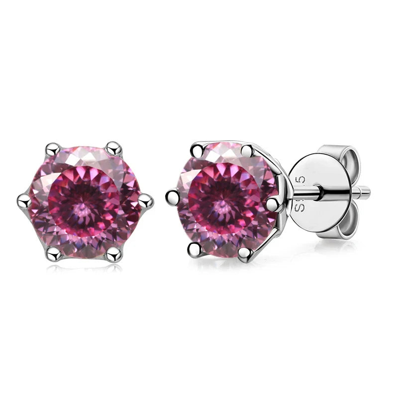 Colored Round Moissanite Stud Earrings in Sterling Silver - pink 100-facet cut