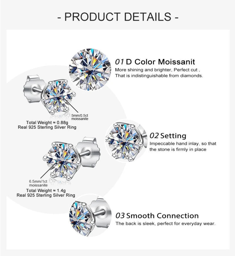 Colored Round Moissanite Stud Earrings in Sterling Silver - stud construction details