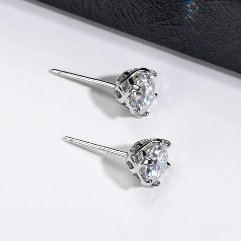 Colored Round Moissanite Stud Earrings in Sterling Silver - white studs close-up