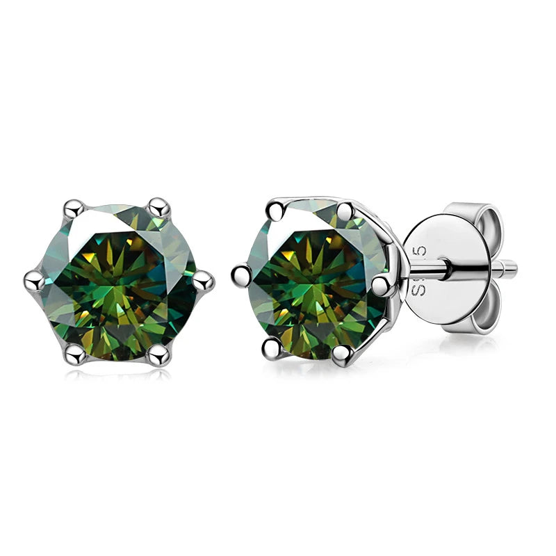 Colored Round Moissanite Stud Earrings in Sterling Silver - dark green stones