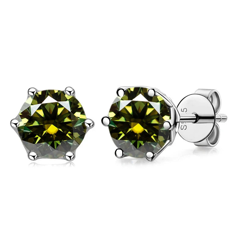 Colored Round Moissanite Stud Earrings in Sterling Silver - yellow green stones