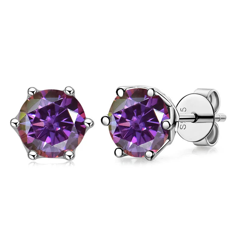 Colored Round Moissanite Stud Earrings in Sterling Silver - purplish red stones