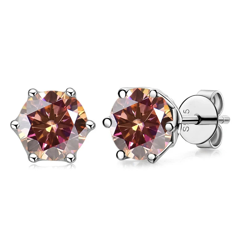 Colored Round Moissanite Stud Earrings in Sterling Silver - orange red stones