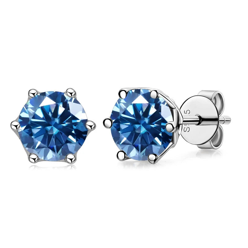 Colored Round Moissanite Stud Earrings in Sterling Silver - royal blue stones