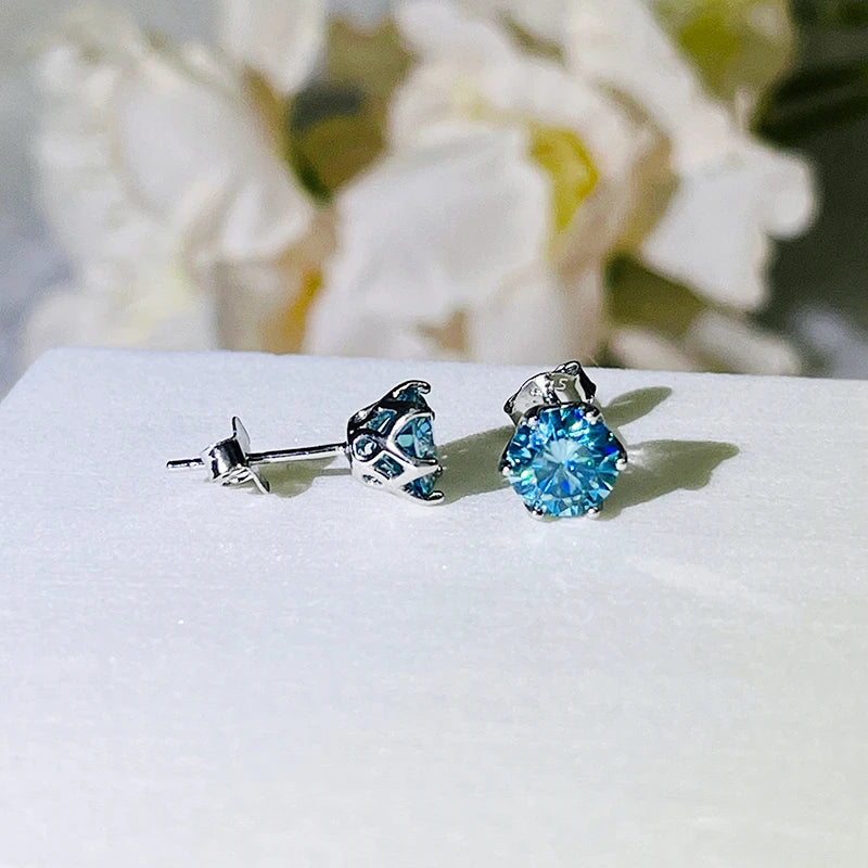 Colored Round Moissanite Stud Earrings in Sterling Silver - blue posts and backs