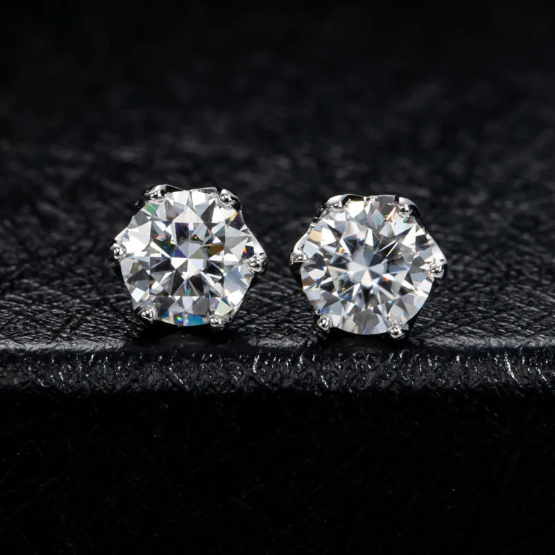 Colored Round Moissanite Stud Earrings in Sterling Silver - white pair on dark background