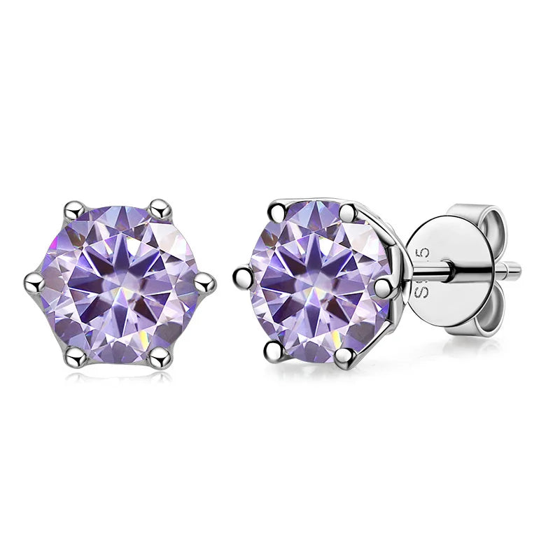 Colored Round Moissanite Stud Earrings in Sterling Silver - light purple stones