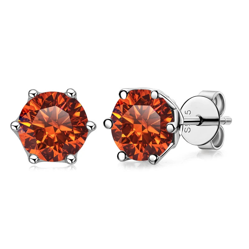 Colored Round Moissanite Stud Earrings in Sterling Silver - orange stones