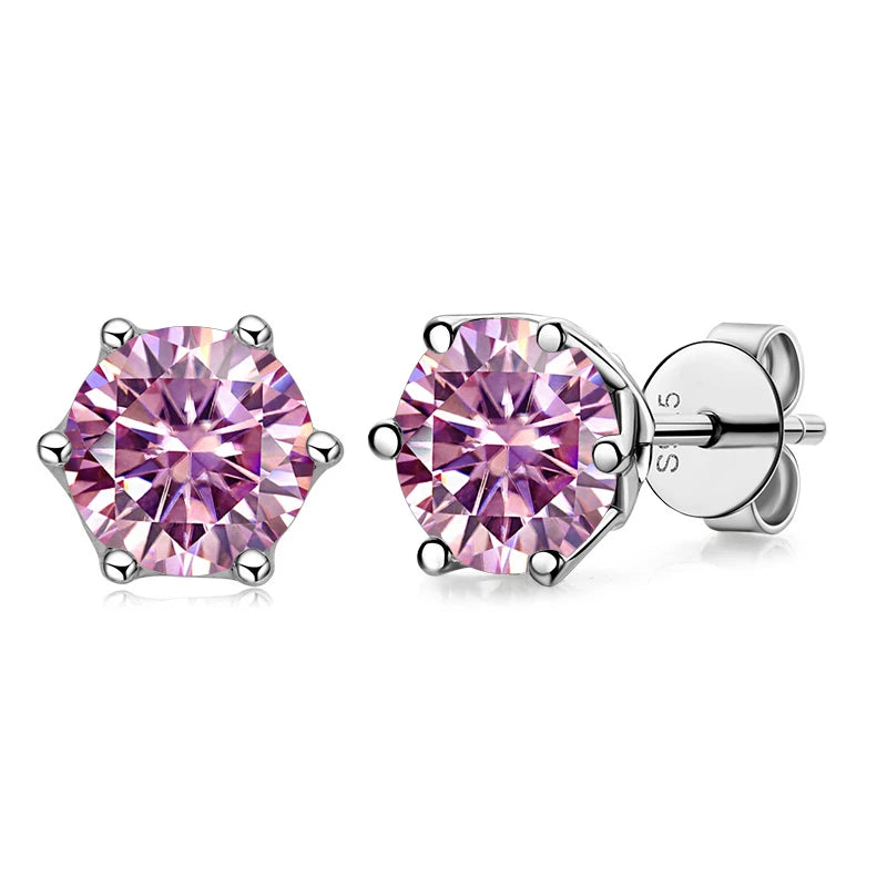 Colored Round Moissanite Stud Earrings in Sterling Silver - pink stones