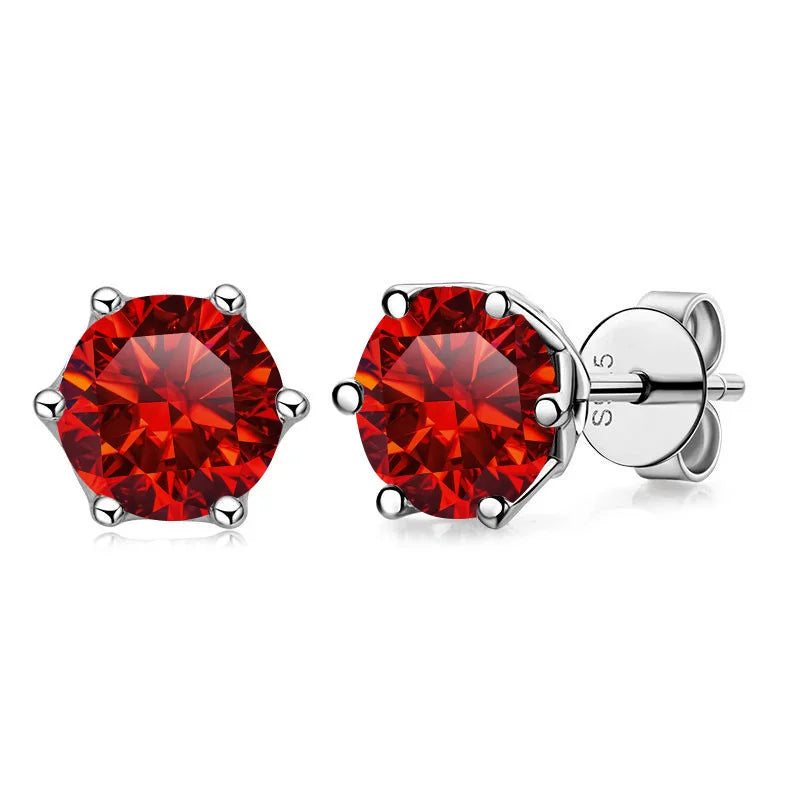 Colored Round Moissanite Stud Earrings in Sterling Silver - garnet red stones