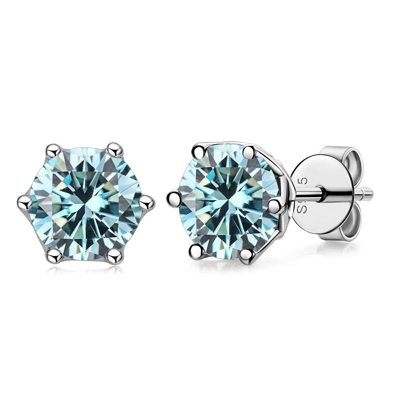 Colored Round Moissanite Stud Earrings in Sterling Silver - blue stones