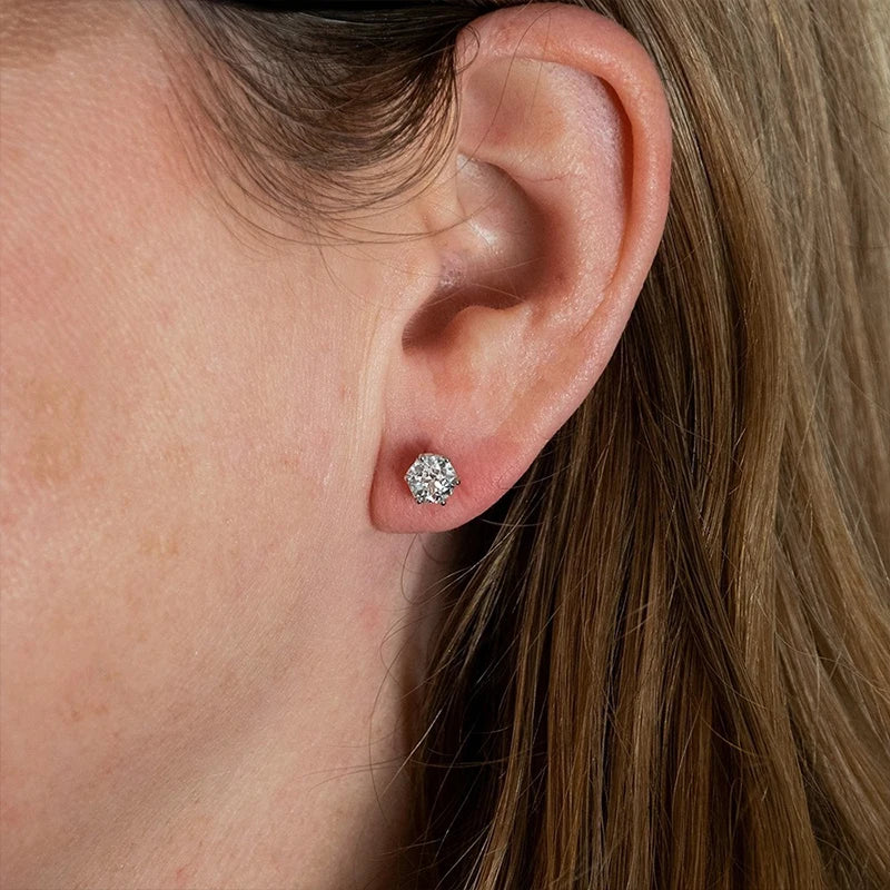 Colored Round Moissanite Stud Earrings in Sterling Silver - stud worn