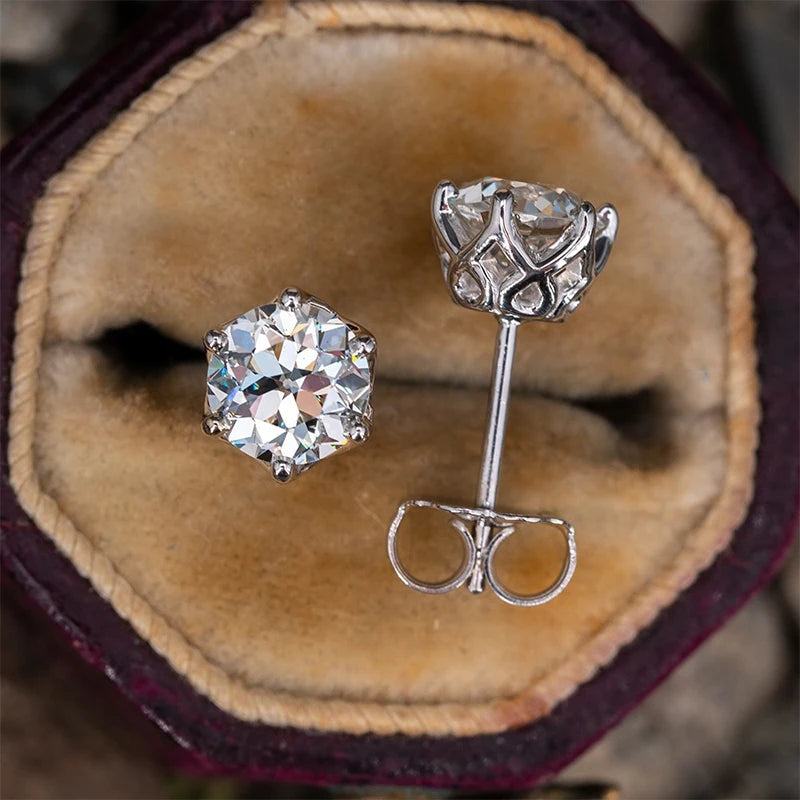 Colored Round Moissanite Stud Earrings in Sterling Silver - white studs in box