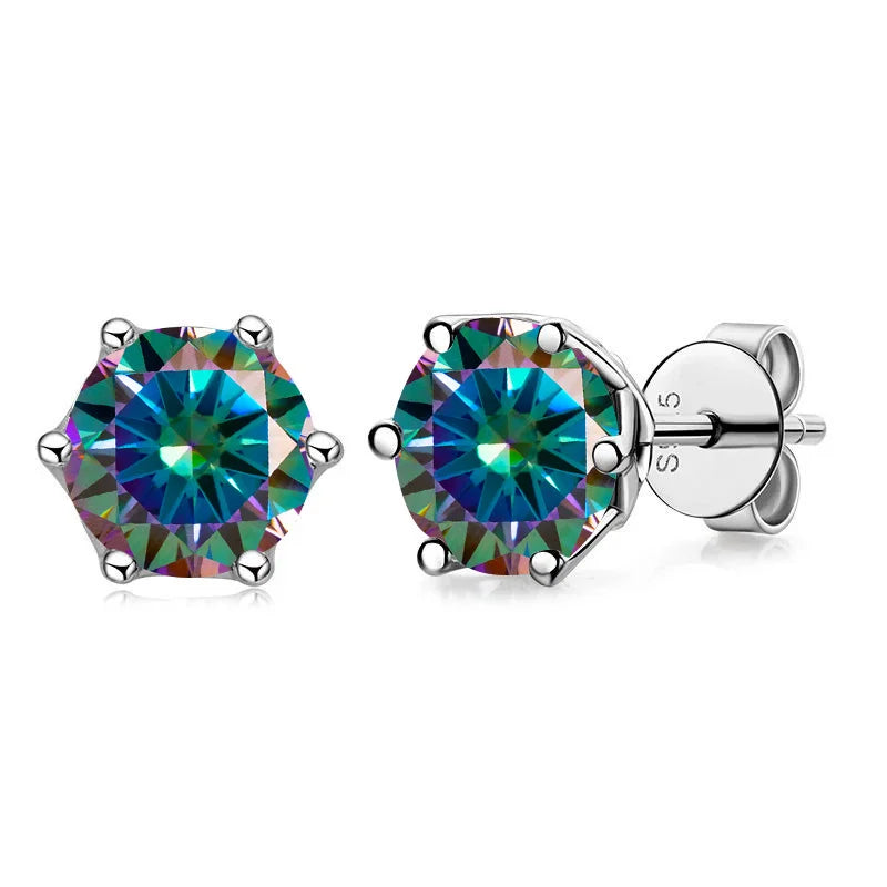 Colored Round Moissanite Stud Earrings in Sterling Silver - rainbow stones