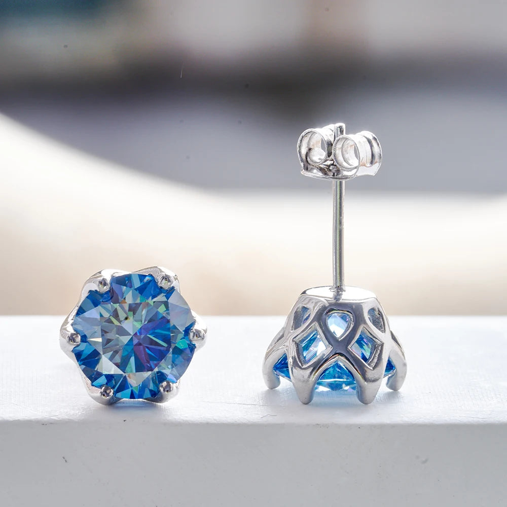 Colored Round Moissanite Stud Earrings in Sterling Silver - blue front and back views