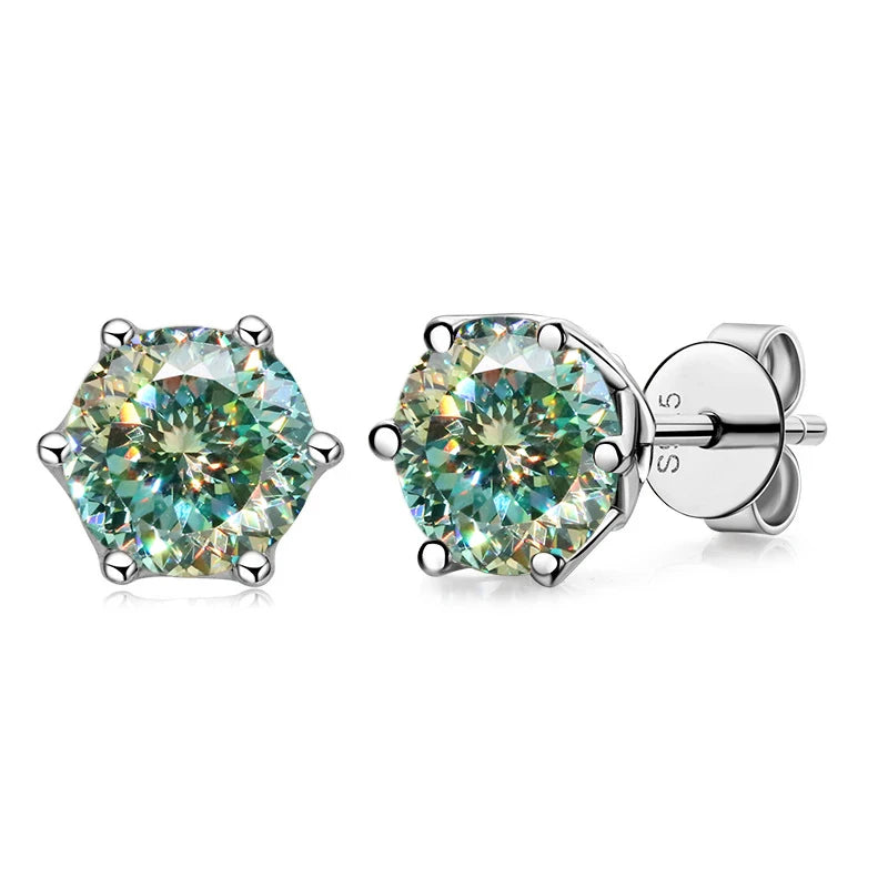 Colored Round Moissanite Stud Earrings in Sterling Silver - green 100-facet cut