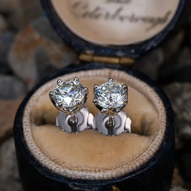 Colored Round Moissanite Stud Earrings in Sterling Silver - white pair angled view