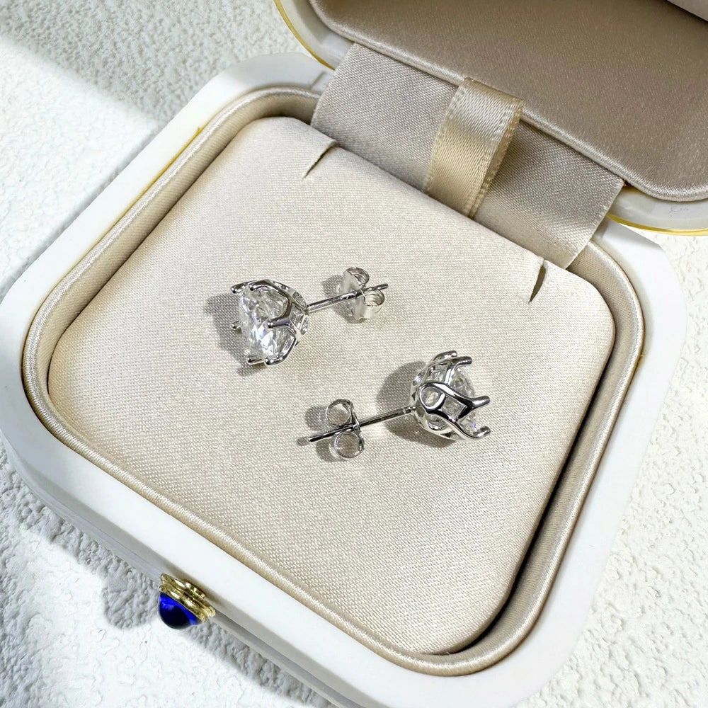 Colored Round Moissanite Stud Earrings in Sterling Silver - white pair in presentation box