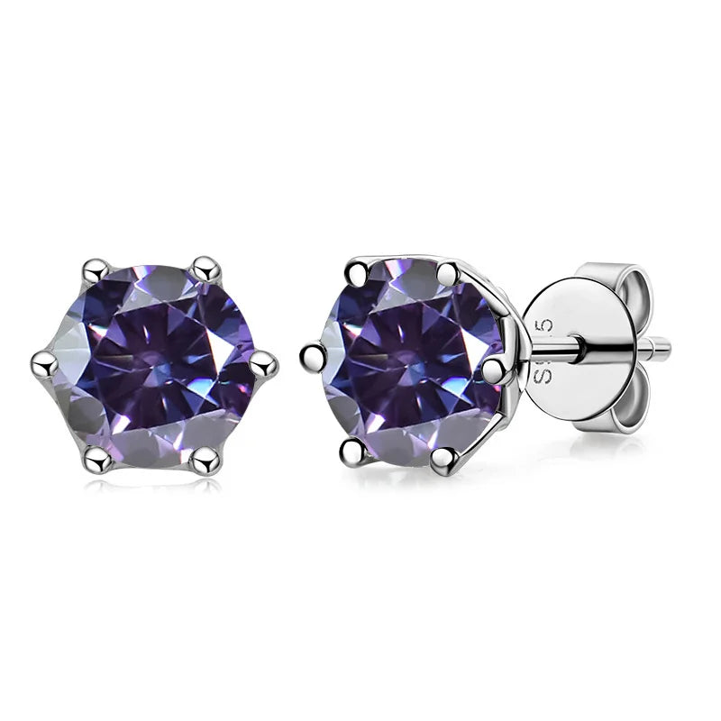 Colored Round Moissanite Stud Earrings in Sterling Silver - violet stones