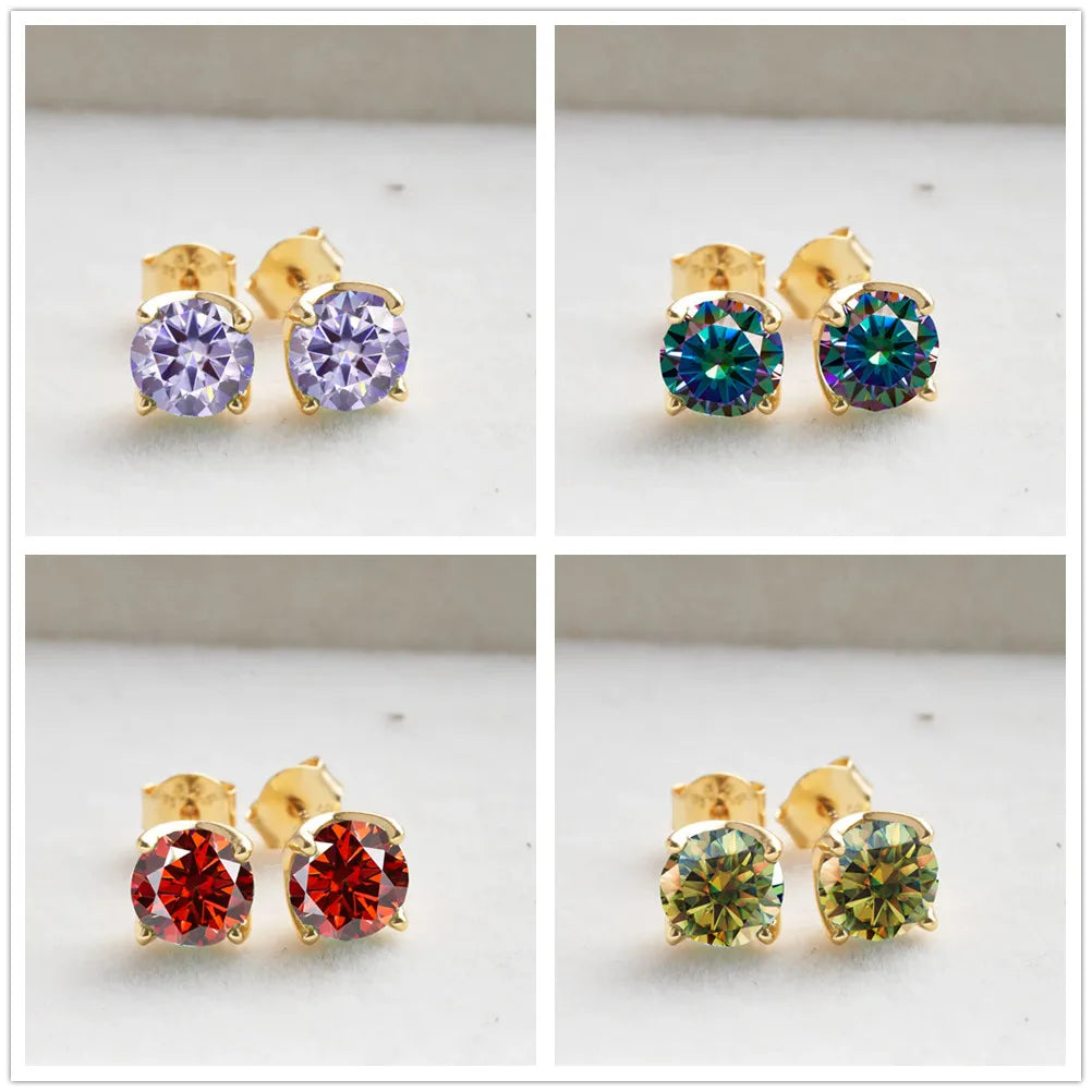 Round Colored Moissanite Studs in Gold-Plated Sterling Silver — Stone color comparison