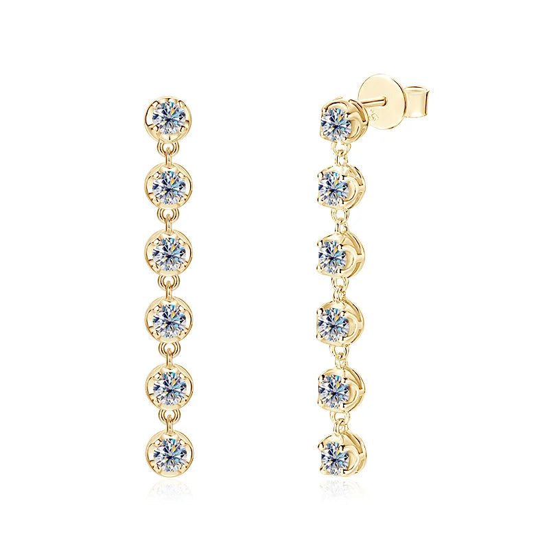 Six-Stone Moissanite Line Drop Earrings in Sterling Silver — Gold-Tone six-stone line drops