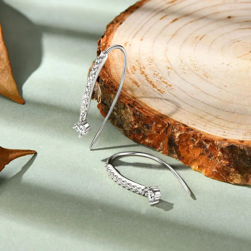 Moissanite Curved Threader Drop Earrings in Sterling Silver — Silver pair
