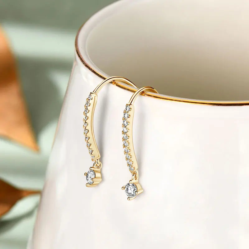 Moissanite Curved Threader Drop Earrings in Sterling Silver — Gold-tone pair
