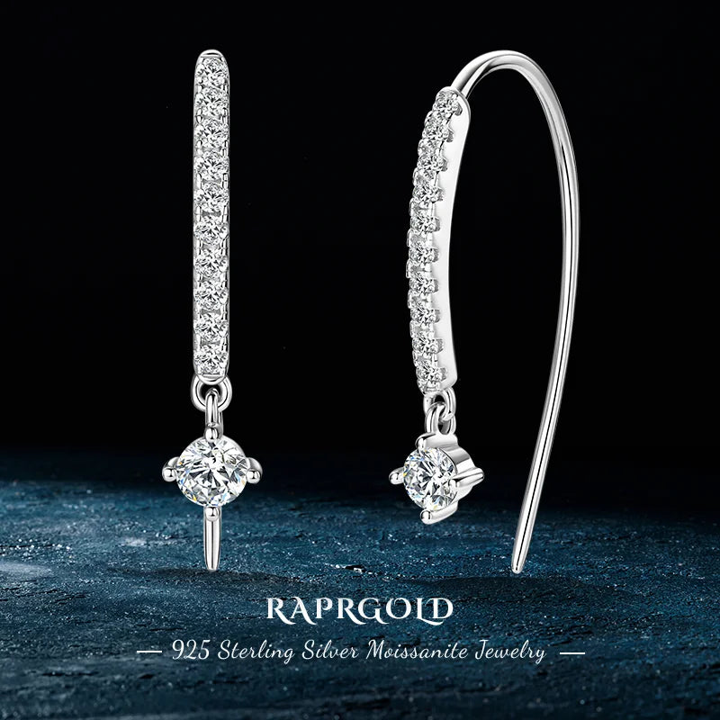 Moissanite Curved Threader Drop Earrings in Sterling Silver — Silver on dark background