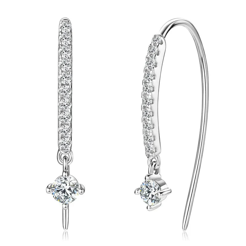Moissanite Curved Threader Drop Earrings in Sterling Silver — Silver front