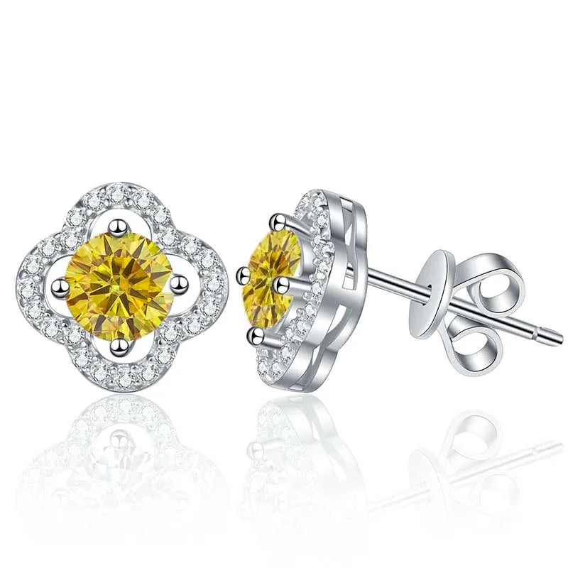 Colored Clover Halo Moissanite Stud Earrings in Sterling Silver — Golden yellow