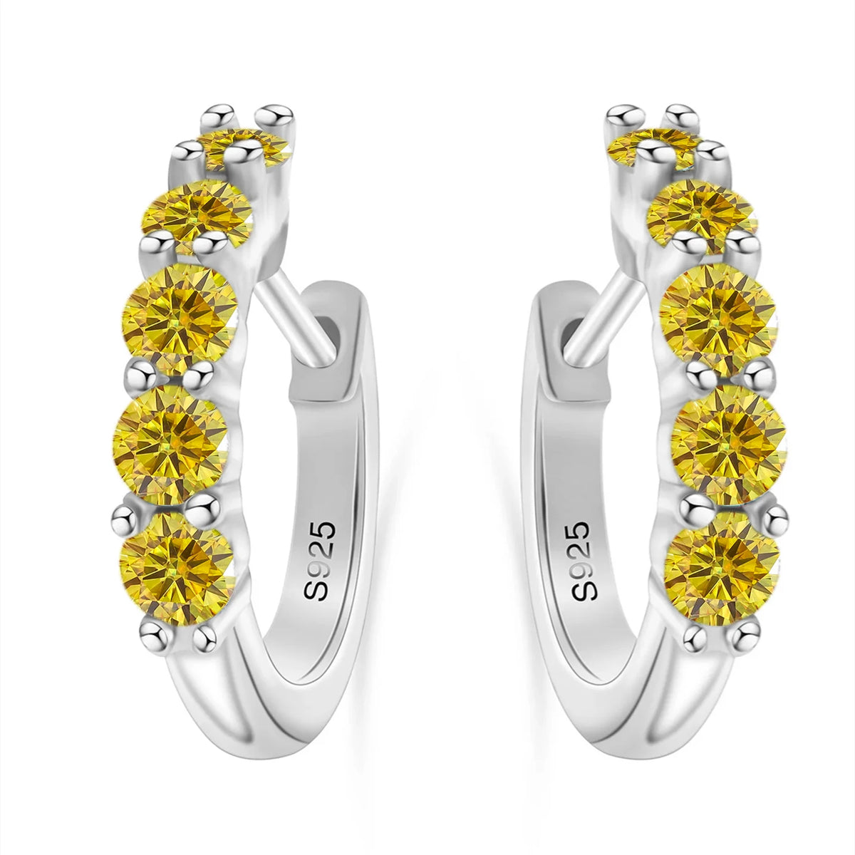 Colorful Five-Stone Moissanite Hoop Earrings in Sterling Silver — Golden Yellow