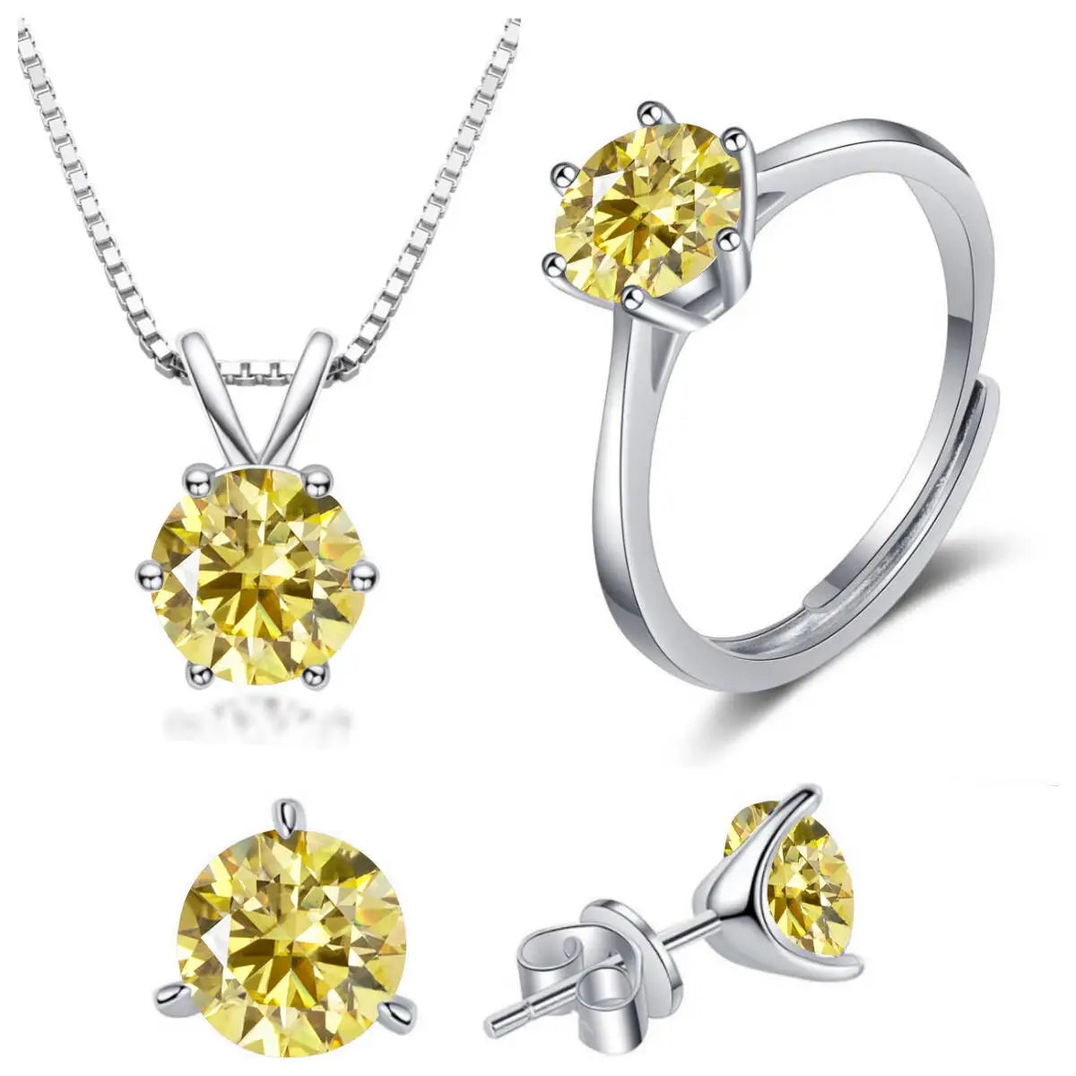 Colored Moissanite Necklace, Stud Earrings & Ring Set — Lemon yellow set